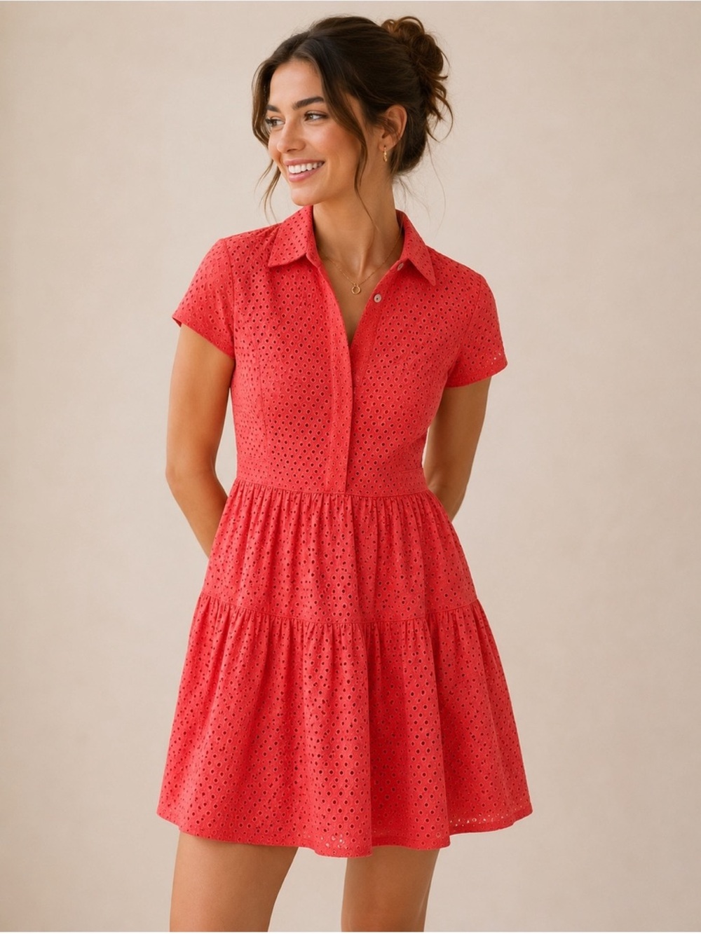 Diane Von Furstenberg Skylar Eyelet Dress in Coral Red
